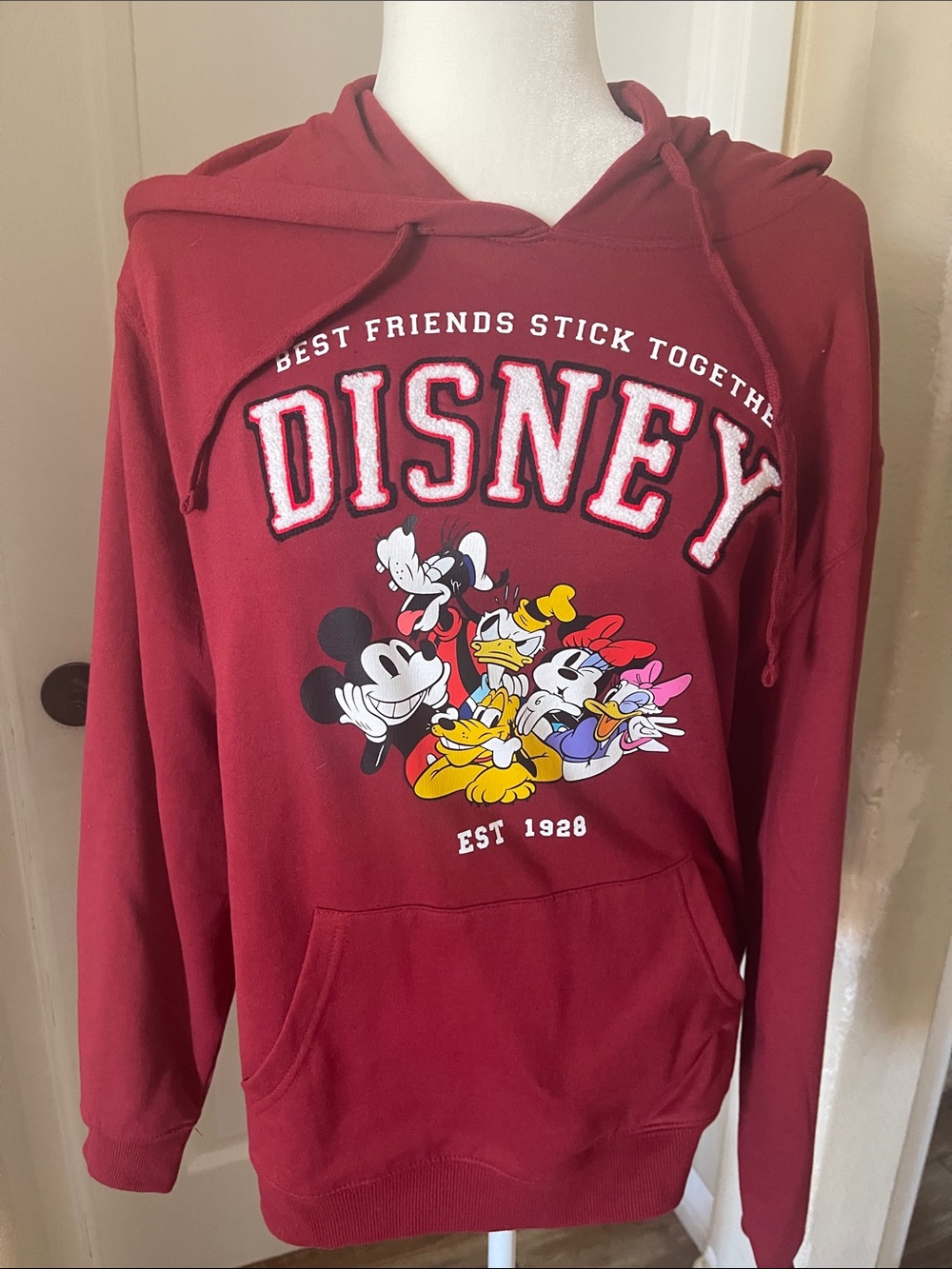 Disney Maroon Pullover Hoodie with Classic Character Graphic